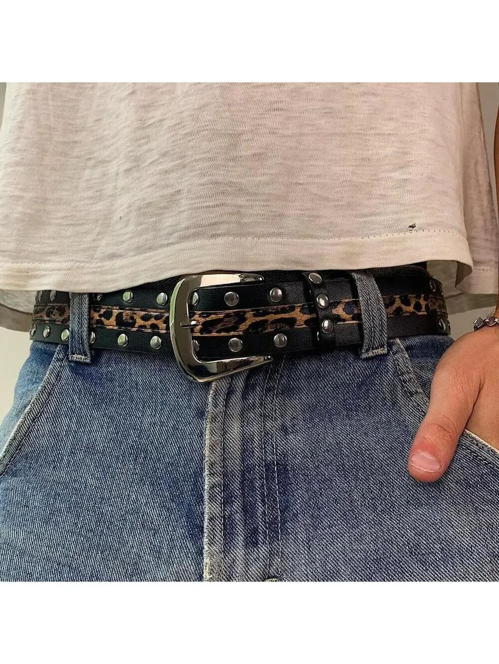 Cheetah print studded silver belt buckle belt. Punk gothic y2k style. 37 inches